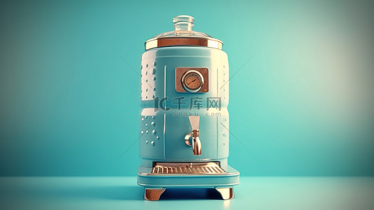 使用 3D 渲染技术创建的蓝色背景上带有瓶子的水冷却器的老式照片