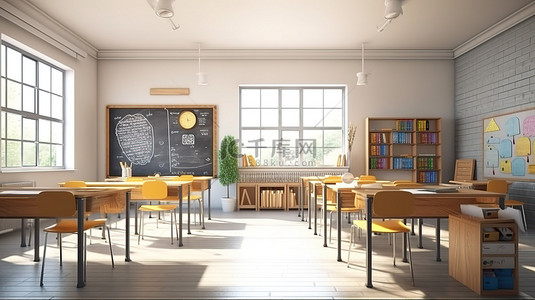 现代教室的 3D 渲染，配有时尚的书桌舒适的座椅黑板和手表