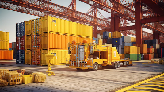 通过集装箱堆场将货物从机场运输到海港的 3D 渲染和插图