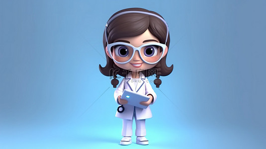 医生人物背景图片_可爱的女医生与平板电脑 3d 渲染医疗专业
