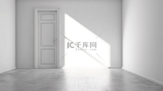 真实的 3D 渲染一个空房间，配有白色镶木地板和混凝土墙，阳光透过开放的白色木门进入
