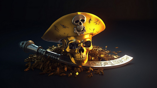 金融卡通图背景图片_带有加密货币图标的 binance 海盗骷髅帽和剑的 3d 插图