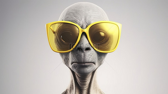 白色背景下戴着鲜艳黄色太阳镜的灰色外星人的 3D 渲染