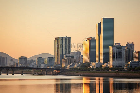 河景背景图片_日落时的首尔河景