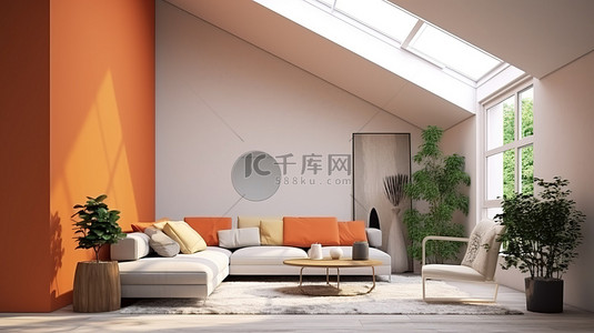 令人惊叹的客厅设计，配有橙色沙发白色墙壁和 3D 渲染的椽子天花板