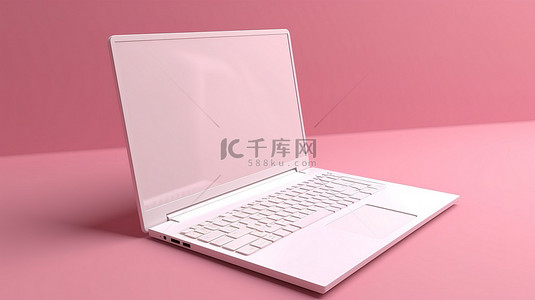 粉红色背景上的空白屏幕 3D 白色笔记本电脑