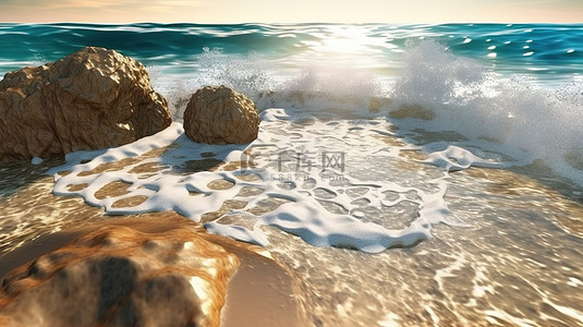 海浪对岩石海岸线影响的 3D 渲染