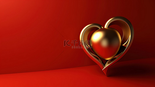 红色背景爱情背景图片_情人节 3d 渲染红色背景下的金心