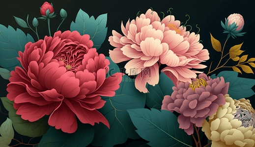 水彩浪漫背景图片_粉色红色的牡丹花花瓣水彩复古花卉海报插图