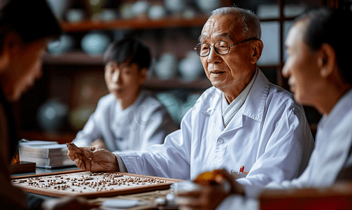 文化讲座摄影照片_老中医给年轻医生讲解中药成分