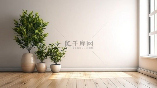 家庭室内背景图片_白色墙壁木地板的空房间的最佳 3D 渲染的简约性，并配有室内绿色植物