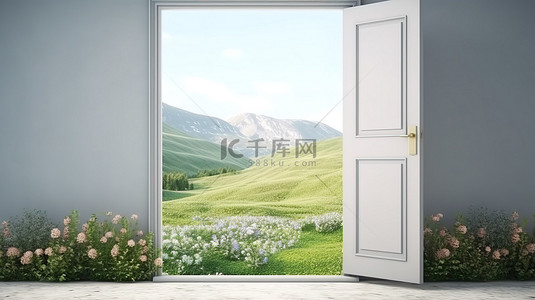 白色木门的真实 3D 渲染，通向郁郁葱葱的绿色风景
