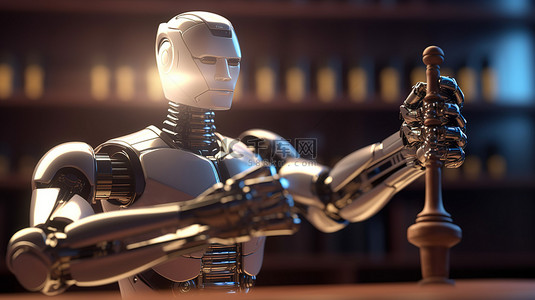 可爱的机器人背景图片_拿着代表互联网执法概念的木槌的机器人助手的 3D 渲染