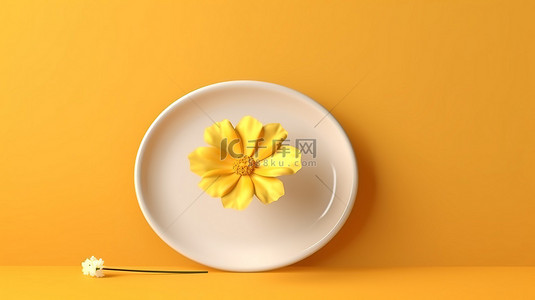 春模板背景图片_简约的黄色背景，带有花和空白菜肴 3D 渲染的食物展示概念