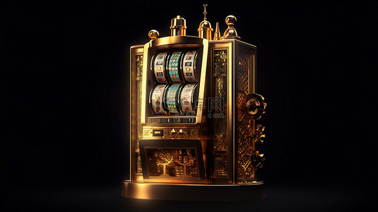 装饰有黄金赌场元素的黑色背景老虎机的 3D 渲染插图