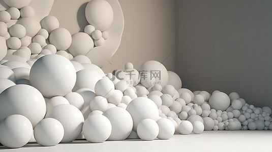 带有 3D 渲染球体的简约白色墙堆的背景设计