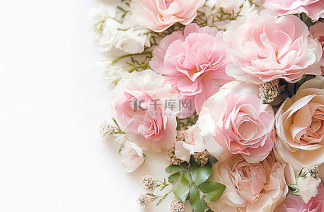 一束康乃馨背景图片_白色背景上的一束粉色和白色玫瑰