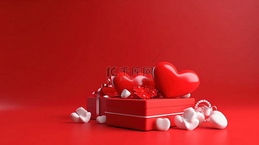 情人节庆祝活动 3D 插图，红色背景上的心形礼物和盒子，带有横幅文本空间