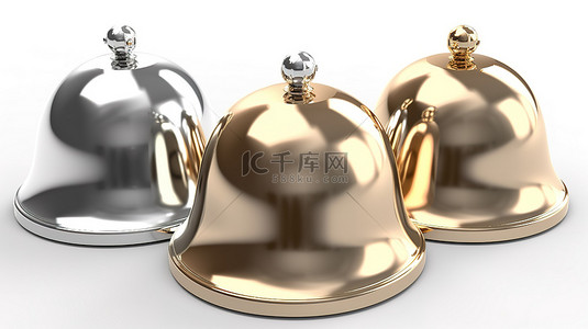 白色背景下的 3D 渲染中展示了三个金银和青铜色调的金属铃铛