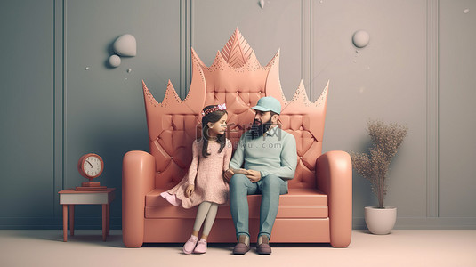 皇冠女孩背景图片_父亲和女儿结合可爱的 3d 插图，戴着皇冠的女儿和她爸爸坐在沙发上