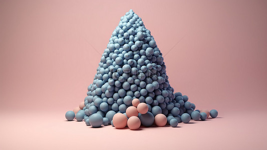 一棵柔软的针叶树的简约 3D 渲染，蓝色树冠从浅粉色桃墙上的一堆球中冒出来