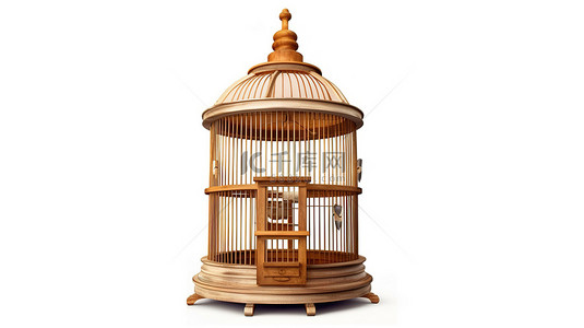 木框板背景图片_3D 渲染中的古董木鸟笼独立站立在白色背景上