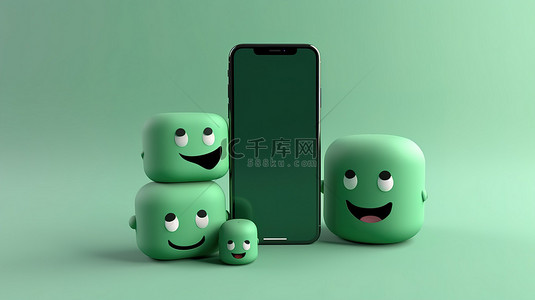 手机绿色背景背景图片_具有绿色背景和样机照片的隔离 3d 智能手机
