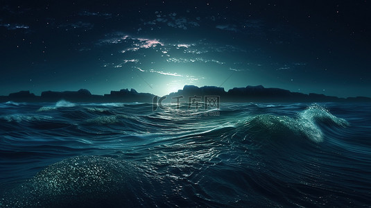 卡通月亮星星背景背景图片_海洋景观的夜间 3D 渲染