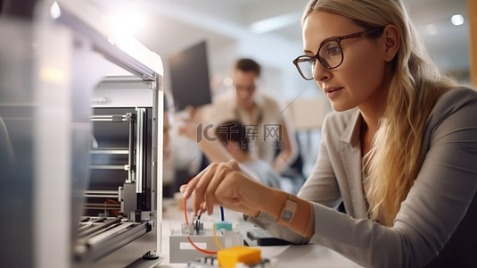 女孩子背景图片_现代学校工程课女老师展示前视肖像中捕捉到的3D打印技术