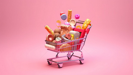 超市商店背景图片_充满食物的购物车和充满活力的粉红色背景的送货，说明了杂货和超市的想法