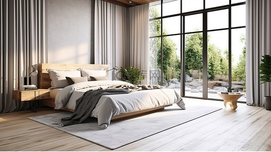 睡觉的枕头背景图片_带大窗户的明亮卧室中特大号床的 3D 渲染