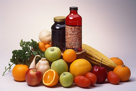 一瓶维生素C新鲜蔬菜和生水果