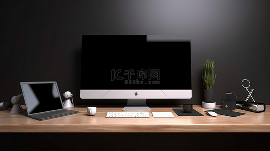 电脑办公桌面背景图片_3d 渲染办公桌上的现代计算机显示器模型