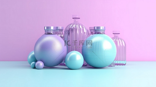 3D 渲染时尚场景，配有柔和的蓝色和紫色健身球重量和水瓶