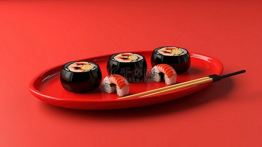 红色背景上寿司和筷子的 3D 渲染简约插图