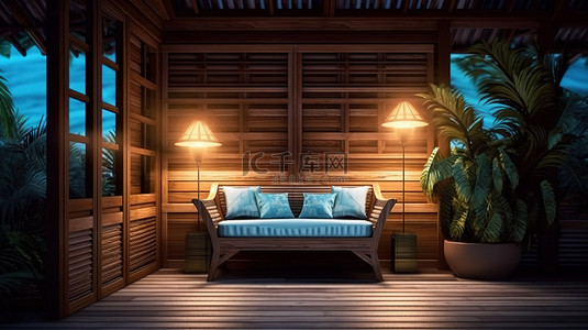 静背景图片_夜间静修木屋背景为 3D 渲染上舒缓的休息室定下了基调