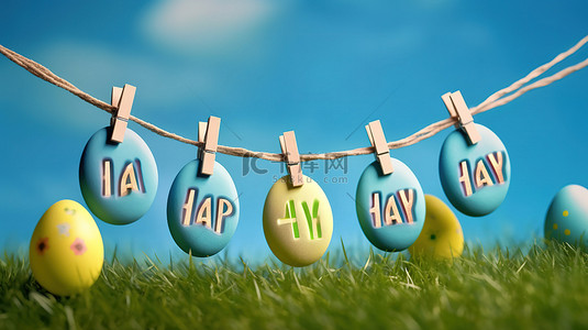 蓝色背景上挂着快乐复活节标志的 3D 渲染，草丛中挂着彩色鸡蛋