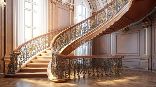 经典私人住宅的优雅楼梯木台阶和 3D 设计的镀金锻造栏杆