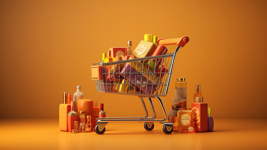设计超市背景图片_网上购物的 3D 插图与手推车广告海报和横幅设计