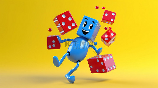 黄色背景下带有红色游戏骰子立方体的飞行蓝书吉祥物的 3D 渲染