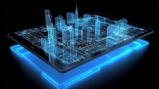 明亮的蓝色和白色城市线框与数字平板电脑在 3D 渲染中体现通信技术的未来