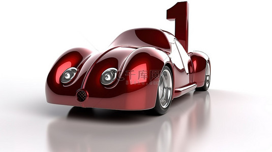 金属红色汽车 1 号以 3D 渲染，白色背景上有光泽