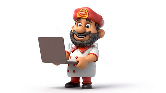虚拟披萨外卖 3D 角色披萨经销商通过笔记本电脑屏幕在 3D 呈现的空白背景上提供新鲜馅饼