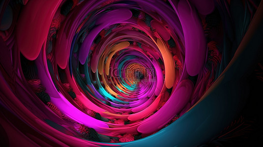 旋转的光环背景图片_充满活力的 3D 渲染抽象多彩多姿的分形与旋转的粉色和红色螺旋