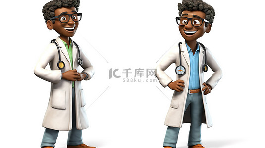 快乐的医疗保健英雄在 3D 渲染中数字化创建了非洲裔美国医生
