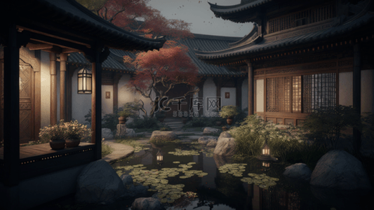 古老房屋背景图片_中国风湖泊庭院夜色背景