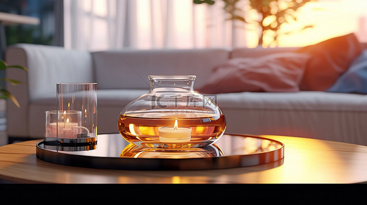 现代咖啡桌配有水玻璃瓶和香薰蜡烛，特写镜头为当代室内背景 3D 渲染