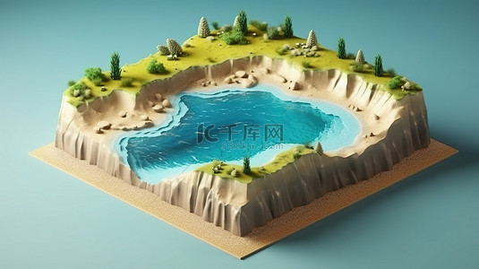 令人惊叹的 3D 等距景观，以蓝色的大海和沙滩为特色
