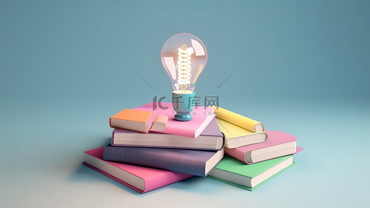 柔和的背景与彩色书籍和代表创造力和想法的 3d 灯泡图标