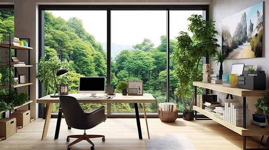 工作场所背景图片_现代工作空间，配有电脑屏幕样机办公必需品和风景秀丽的自然景观 3D 渲染